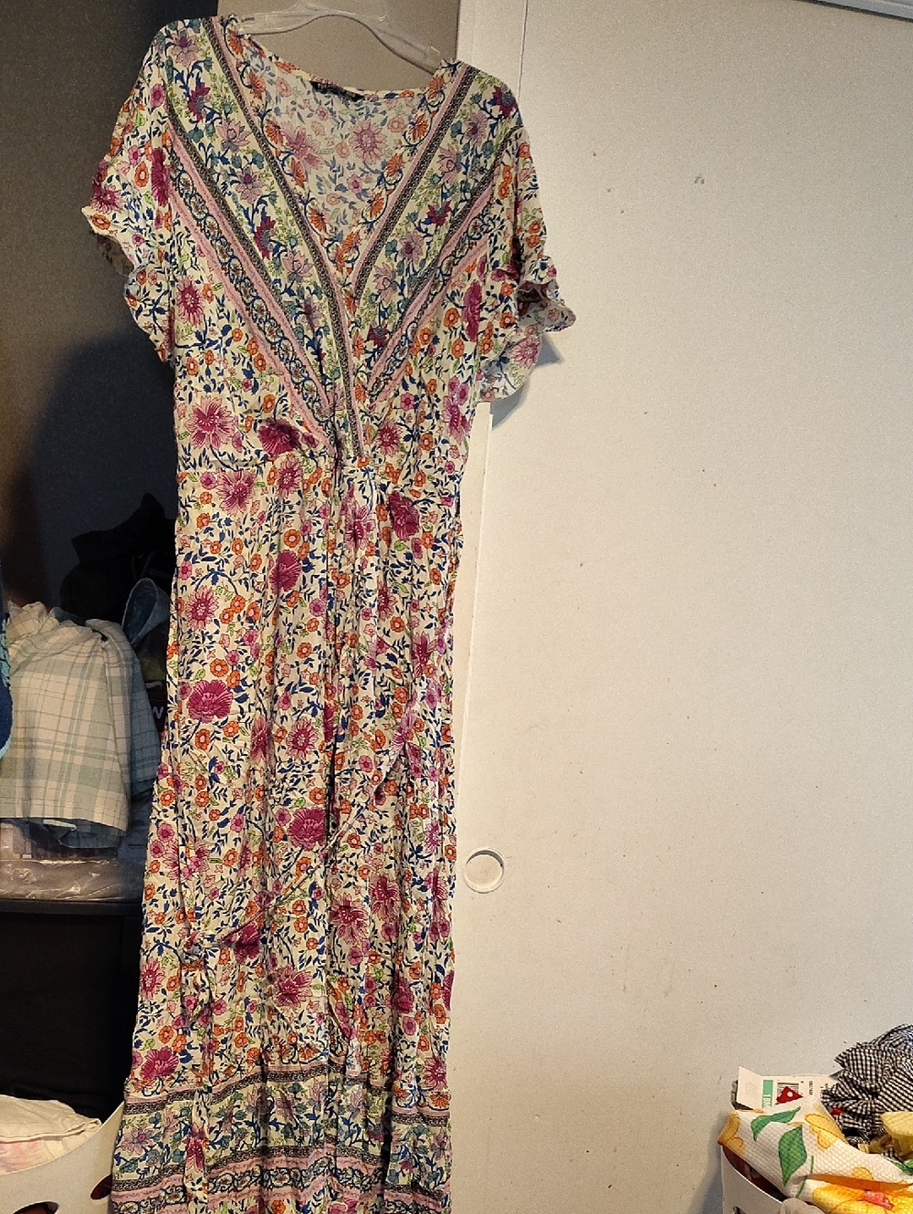 BloomChic Floral V-Neck Maxi Dress in Cream, Pink and Green